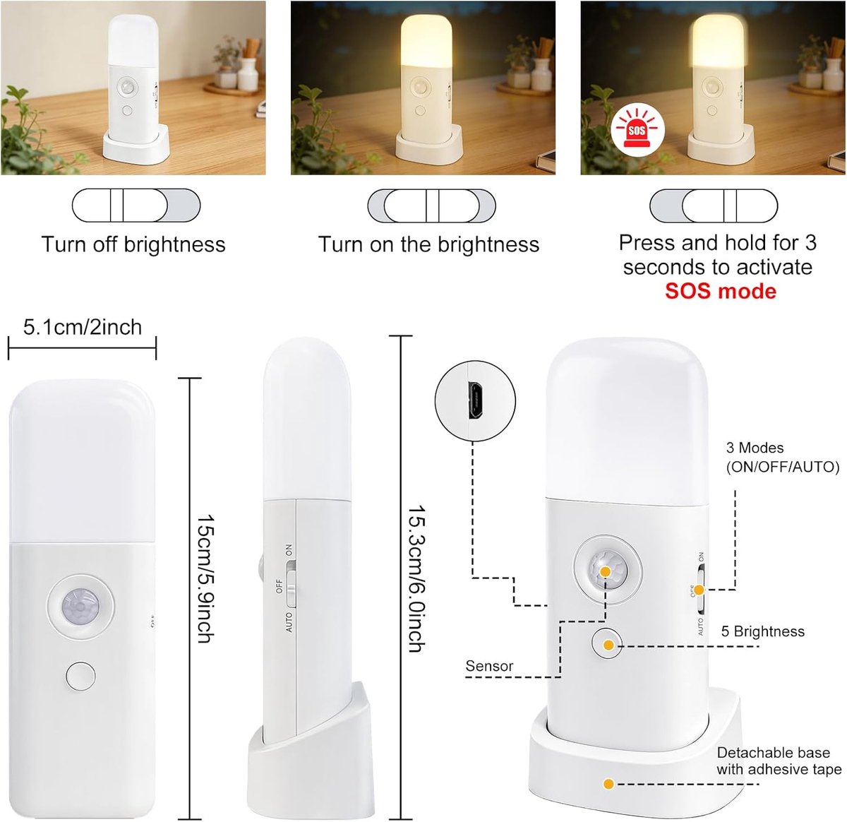 Motion Sensor Nachtlicht, dimbare nachtverlichting met 5 helderheidsniveaus, 2000mAh oplaadbare batterij bedieningslicht, draagbare bewegingssensor licht voor kinderen, slaapkamer — cadeau in Wonen & Interieur - foto 7