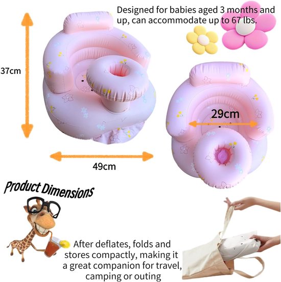 babyzitje voor baby's van 4-24 maanden, ingebouwde luchtpomp, rugsteun voor baby's, peuterstoel om op te zitten, babydouchestoel buitenstoel, vloerzitje, geschenken (roze bloemenbakje) — afbeelding 5