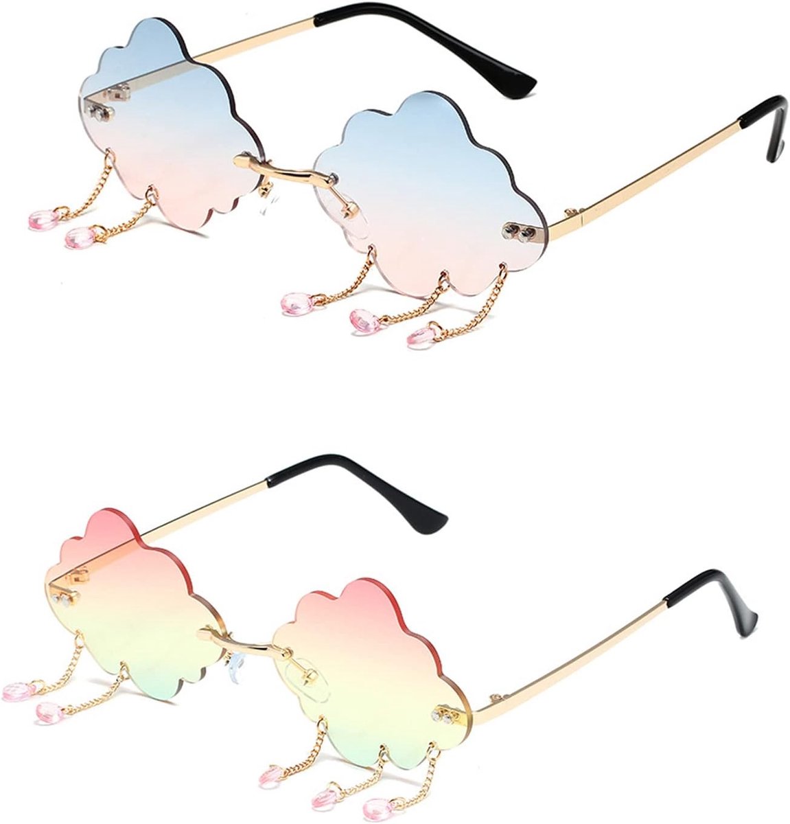 2 Stuks Punk Bril voor Vrouwen, Onregelmatige Zonnebril, Randloze Manierzonnebril, Perfect voor Verjaardagen of Partijen (Goud, Blauw-Roze)