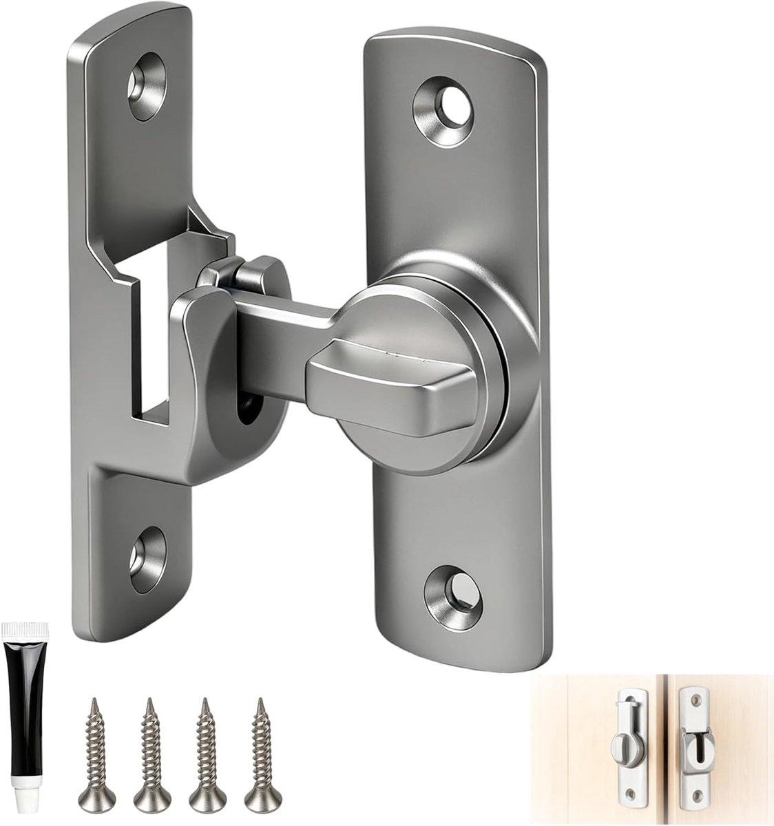 schuifdeurslot, 90/180°, binnenslot van aluminiumlegering, gestabiliseerde vergrendeling met 4 schroeven, ideaal voor slaapkamerdeuren, badkamer, balkon en garage, veilige bescherming
