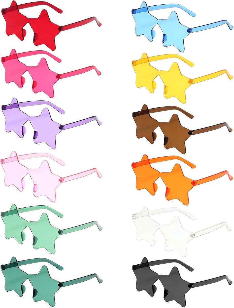 Brillen, 12 stuks zonnebrillen, grappige feestbrillen, randloze feestzonnebril voor heren en dames, feestkostuumaccessoires (12 kleuren)