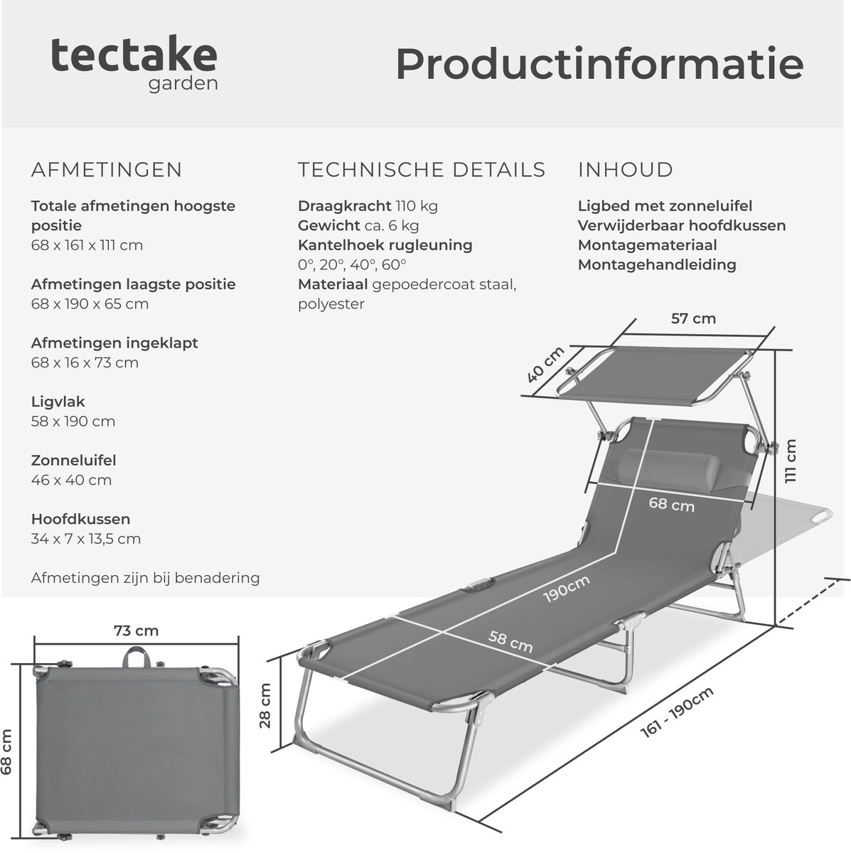 tectake® Ligstoel met Zonnescherm - Opvouwbaar Ligbed - Zonnebed met Verstelbare Rugleuning in 4 Standen - Inclusief Hoofdkussen - Strandstoel voor Buiten - Ideaal voor Tuin, Zwembad, Camping - Grijs — afbeelding 8