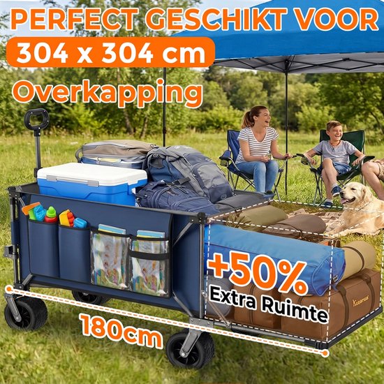 Opvouwbare Bolderkar - 300L+120L Strandkar - Tuinkar - Transportwagen - Achterklep - Brede Wielen - Snel Inklapbaar - Robuust Frame - Camping - 180cm - Vervoeren - Blauw van Opvouwbare Bolderkar — afbeelding 2