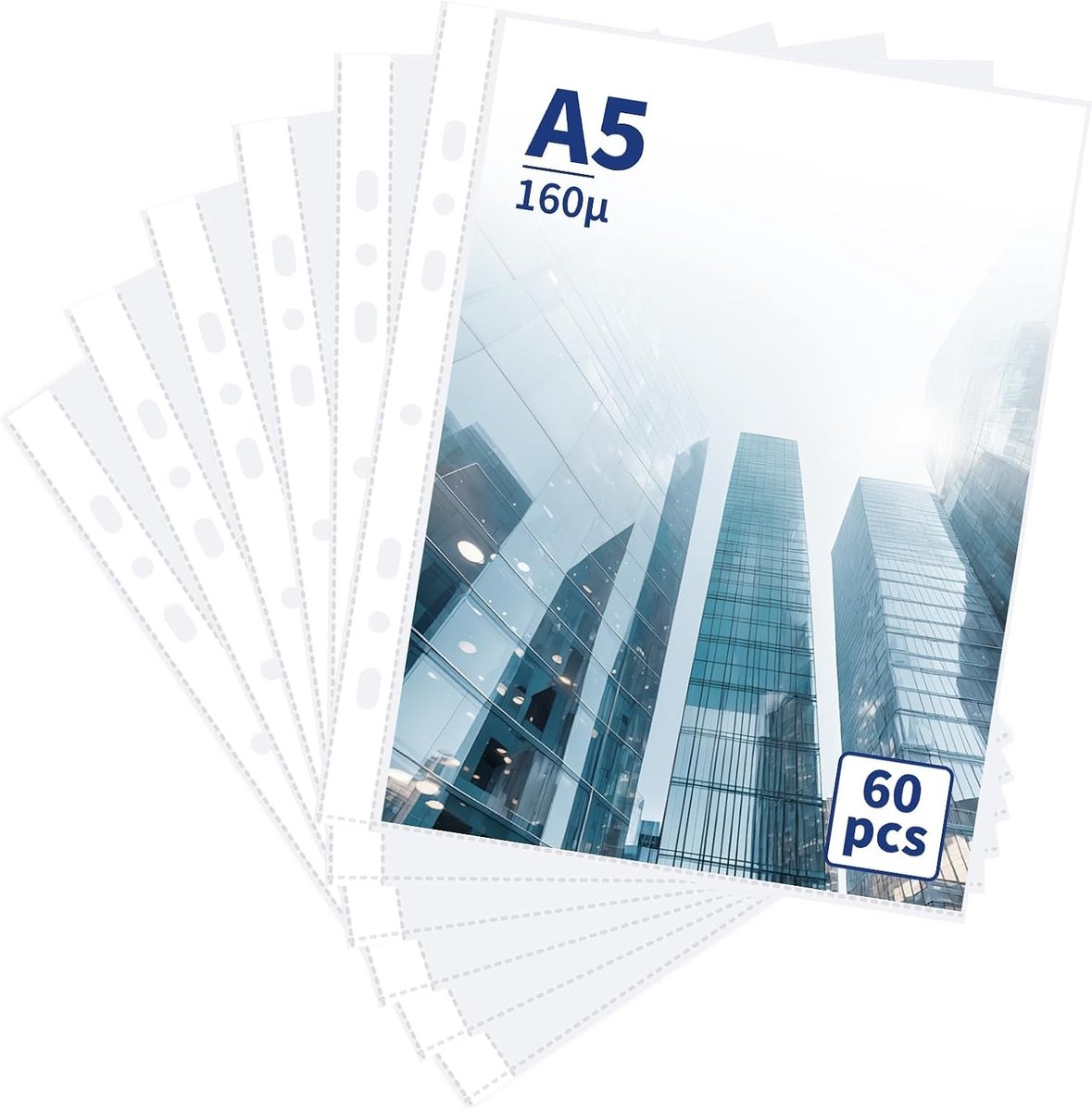 60 stuks A5 brochurehoezen, extra sterke 160µ PP, 7-gaats voor 2/3-ringmappen, ideaal voor documenten, kantoor en schoolgebruik, bescherming van papier en archivering