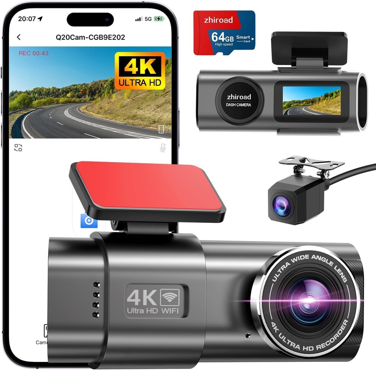 Dashcam Auto 4K met WiFi - Loskoppelbare Camera - 64GB SD-kaart Inbegrepen - 170° Groothoek - Nachtzicht - Parkeerbewaking - App Bediening