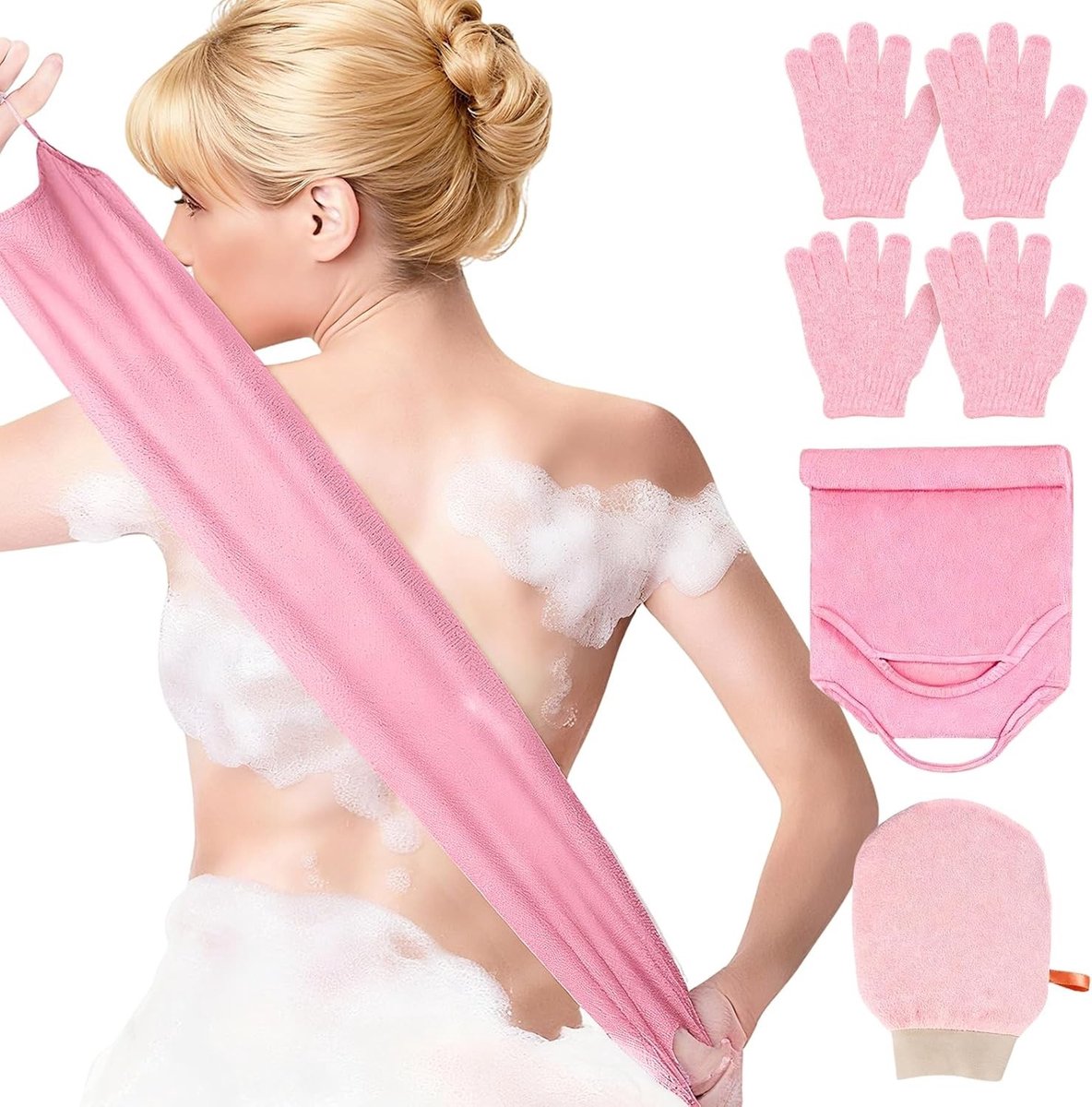 Set van 6 Exfoliërende Handschoenen en Douchehanddoek voor Dode Huid Verwijderen, Zacht voor Gezicht en Lichaam, Ideaal voor Bad en Douche (Roze)