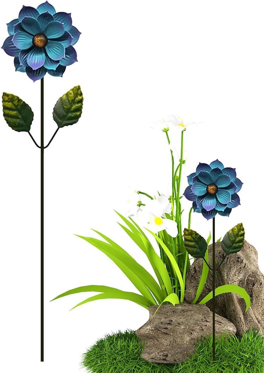 Metalen Tuinsteker - Decoratieve Stekker Bloemen - Tuin Decoreren - Roestvrij Waterdicht - 44x10 cm - Blauw