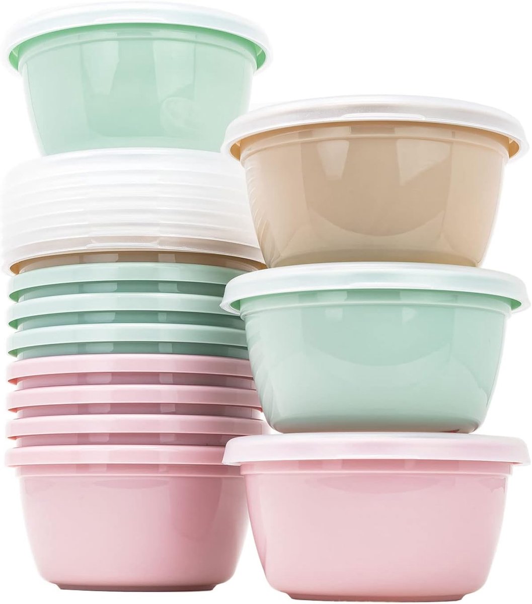 Verpakking met 12 taartjes van kunststof 250 ml, voor levensmiddelen, BPA-vrij, magnetron- en vaatwasmachinebestendig, vriesvak, container met deksel