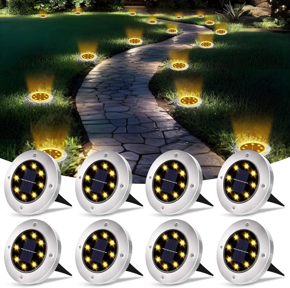 XUNIVERS grondverlichting op zonne-energie, set van 8, buitenzonnelamp tuin 8 LED IP65 zonnelicht, waterdichte - ShopVlot