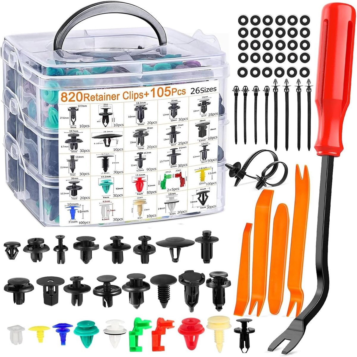 SnelShoppen - 925 stuks auto-bevestigingsclips set met demontagegereedschap, 26 maten kunststof klemmen en clips voor bumper, deur en spatbord, univer
