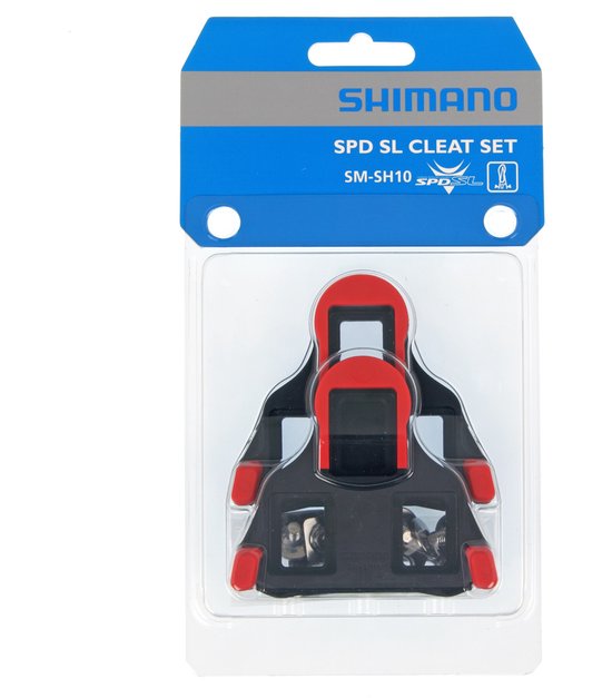 Shimano SPD SL Schoenplaatset SM-SH10 in rood en zwart, verpakt in doorzichtig plastic.