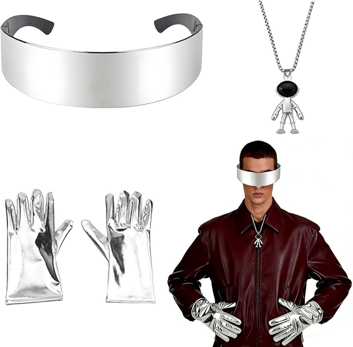 3-delige Space Astronautenkostuum accessoireset met techno-bril | Alien kostuum voor heren, glanzende handschoenen, astronauten-halsketting, voor feest, carnaval, cosplay, themafeesten