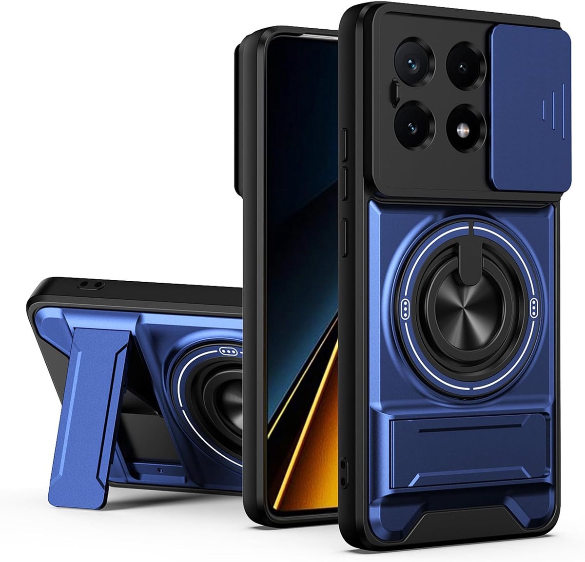 telefoonhoesje voor Xiaomi Poco X6 Pro 5G met magnetische ringstand, military shockproof hoesje met schuifbare cameracover compatible with MagSafe draadloos opladen Blauw