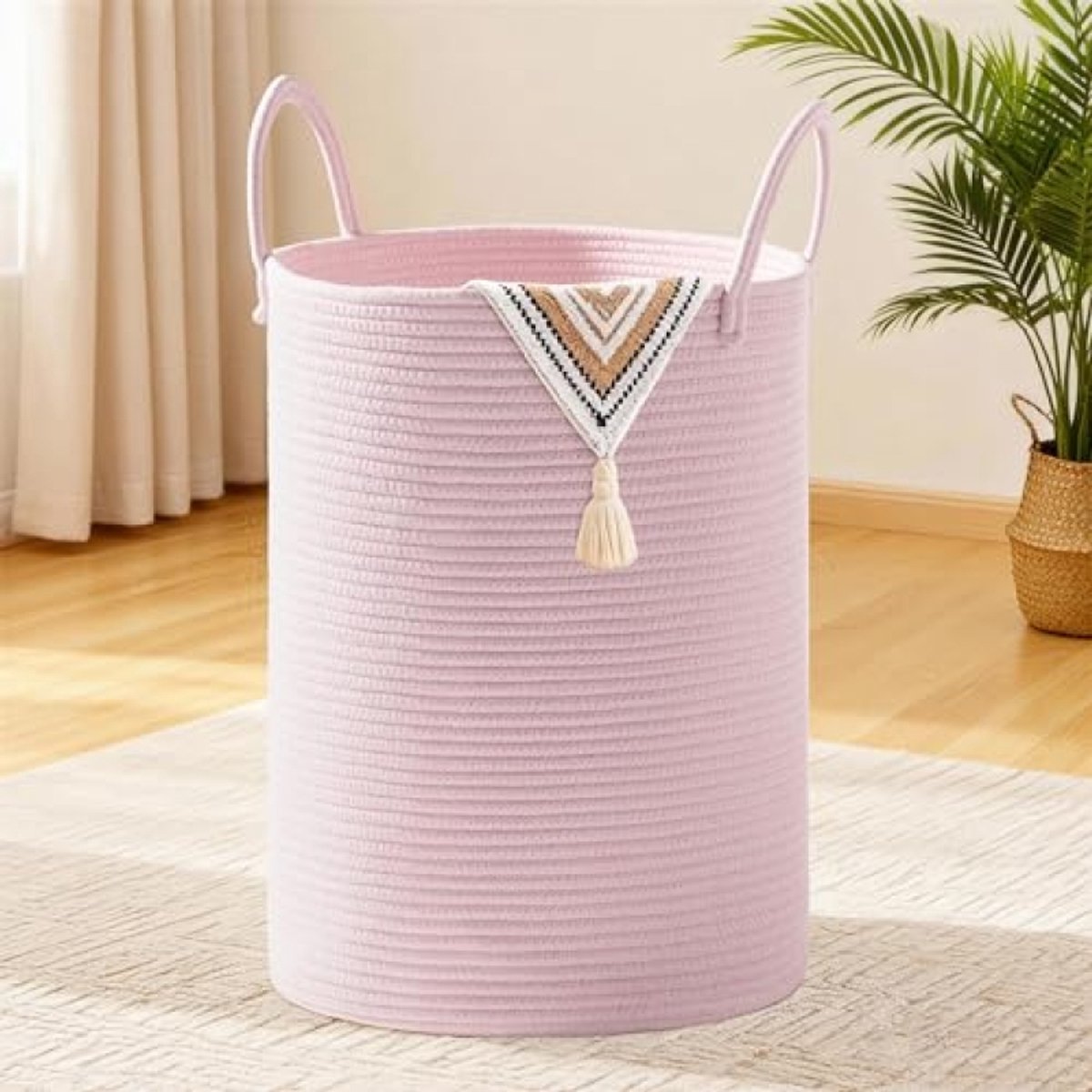 Huis Geluk Geweven Katoenen Touw Wasmand 72L Roze - Opvouwbare Opbergmand met Handvat - 40cm x 55cm