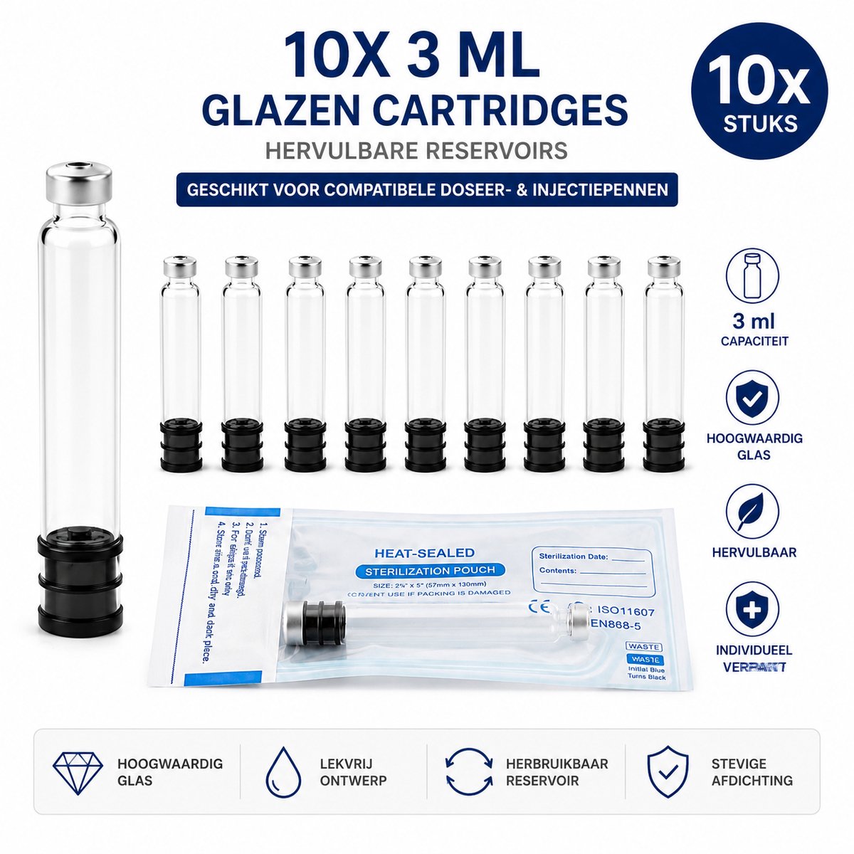 10x 3 ml Glazen Cartridges | Hervulbare Reservoirs voor Compatibele Doseer- & Injectiepennen | Individueel steriel Verpakt