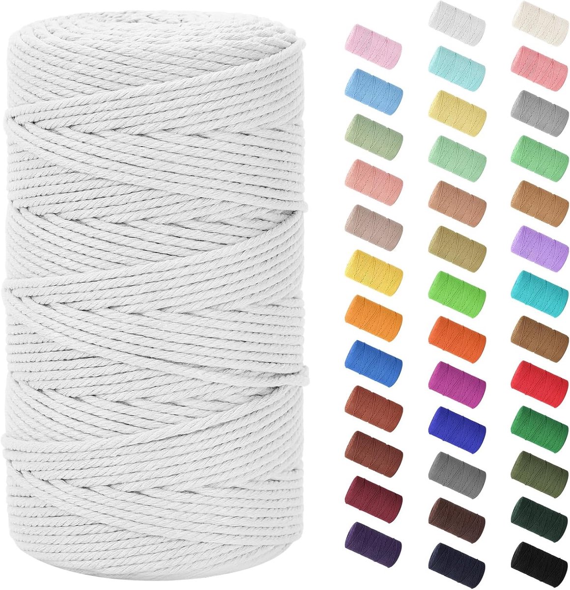 3 mm x 200 m, gekleurd katoengaren, gevlochten katoenen touw, natuurlijk katoenen koord voor macramé, wandbehang, bloemenhanger, gordijn en meer, doe-het-zelf decoratie, wit