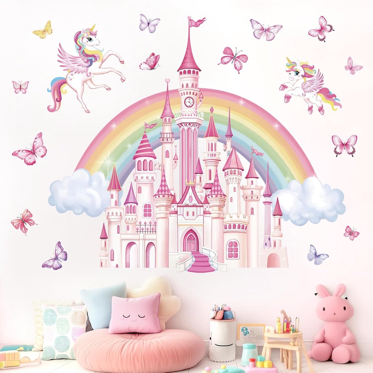 wondever Regenboog Kasteel Muurstickers Sprookje Eenhoorn Vlinder Schil en Plak Muur Kunst Stickers voor Baby Kinderkamer Meisjes Slaapkamer Kleuter Kamer