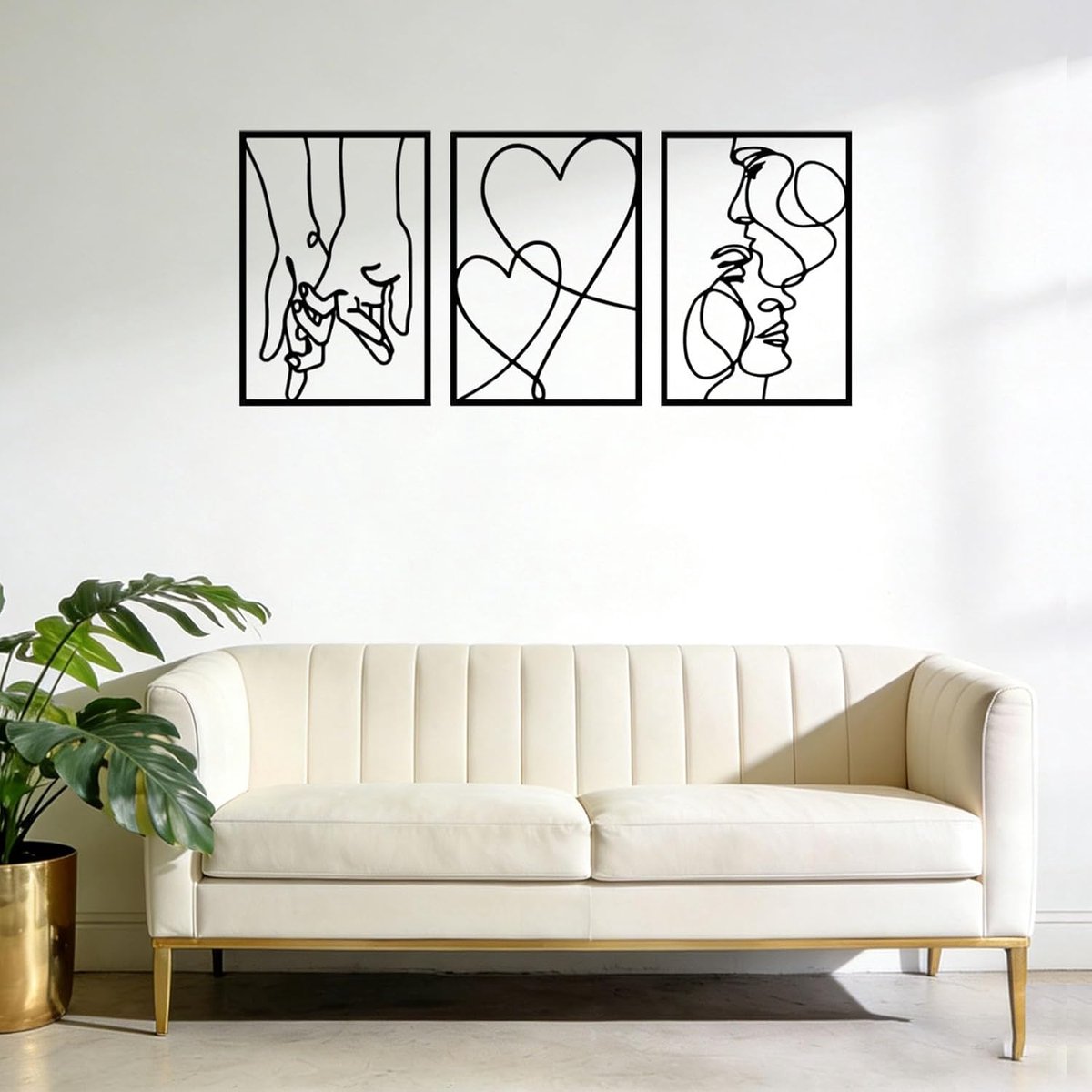 Minimalistische metalen wanddecoratie, 3 stuks muurdecoratie, metaal, zwart, wanddecoratie, woonkamer, lijnkunst wanddecoratie, Valentijnsdag, geliefden, kus, hand, voor slaapkamer, badkamer