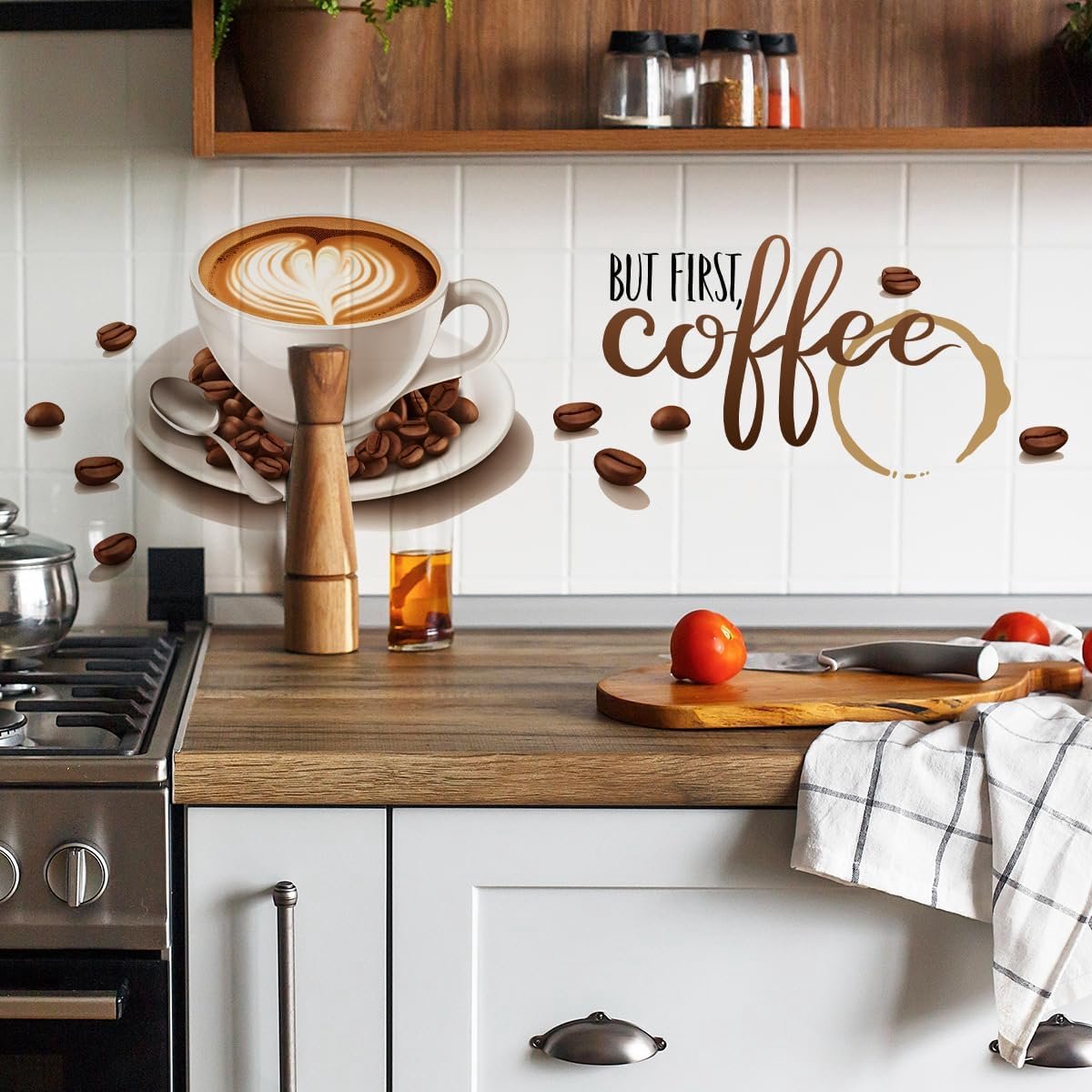 Muursticker Muursticker Koffie Tijd But First Coffee Uil Cappuccino Muursticker Wanddecoratie voor Keuken Eetkamer (E)