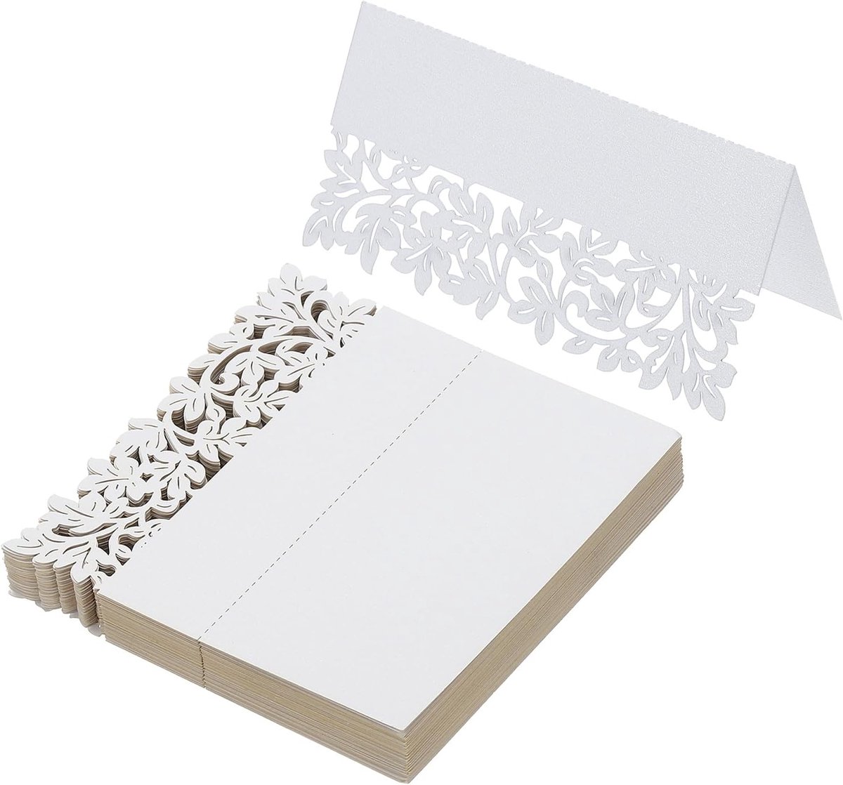 50 stuks bruiloft plaats kaarten, laser gesneden bladeren tafel plaats kaart gevouwen tent kaart naam kaarten voor tafel instelling bruiloft receptie buffet, wit