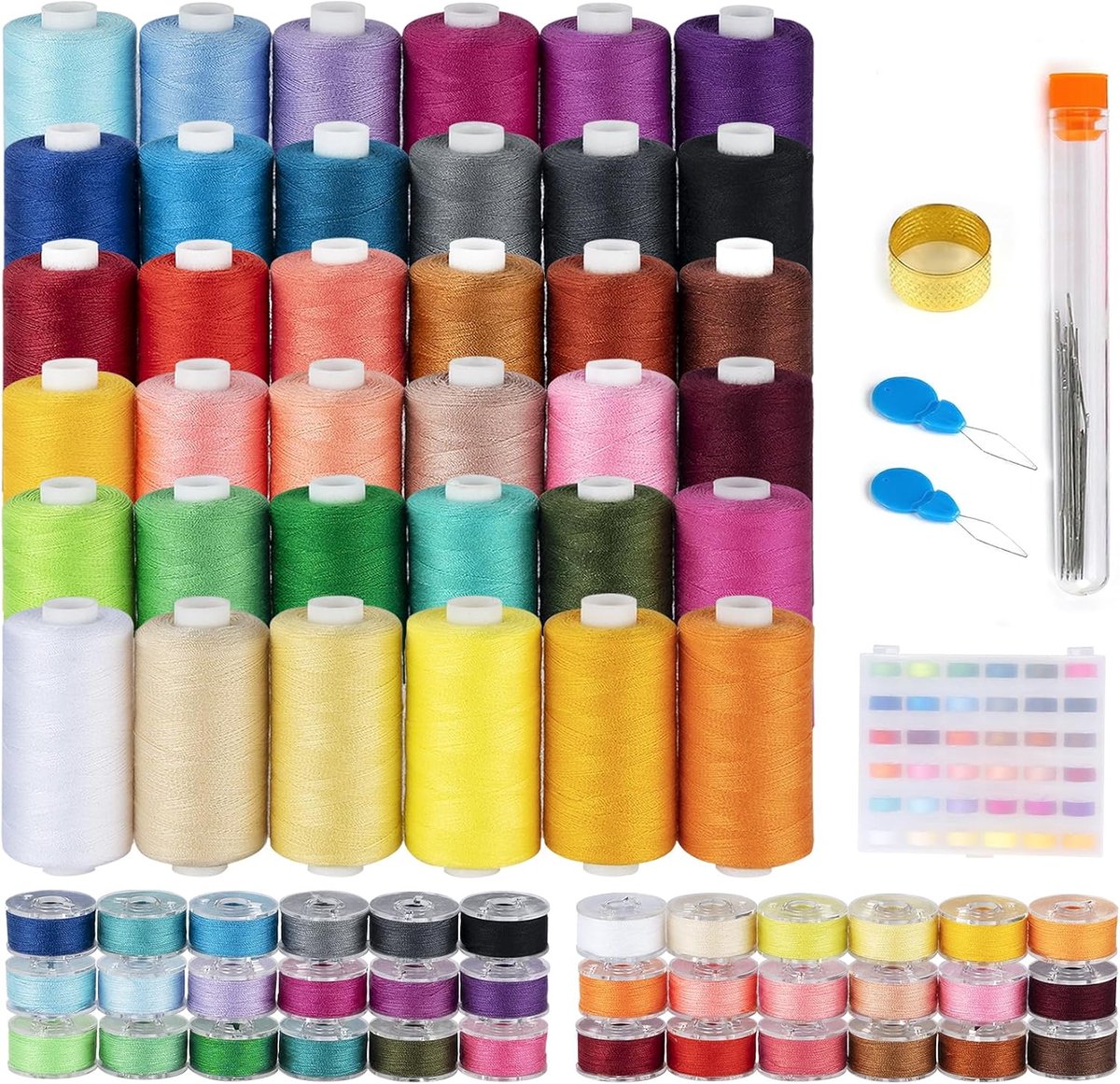 ilauke Naaigarenset, 36 spoelen, 255,7 m, polyester draadspoel, voorgewikkeld, met opbergtas voor Brother Singer Janome, 36 kleuren