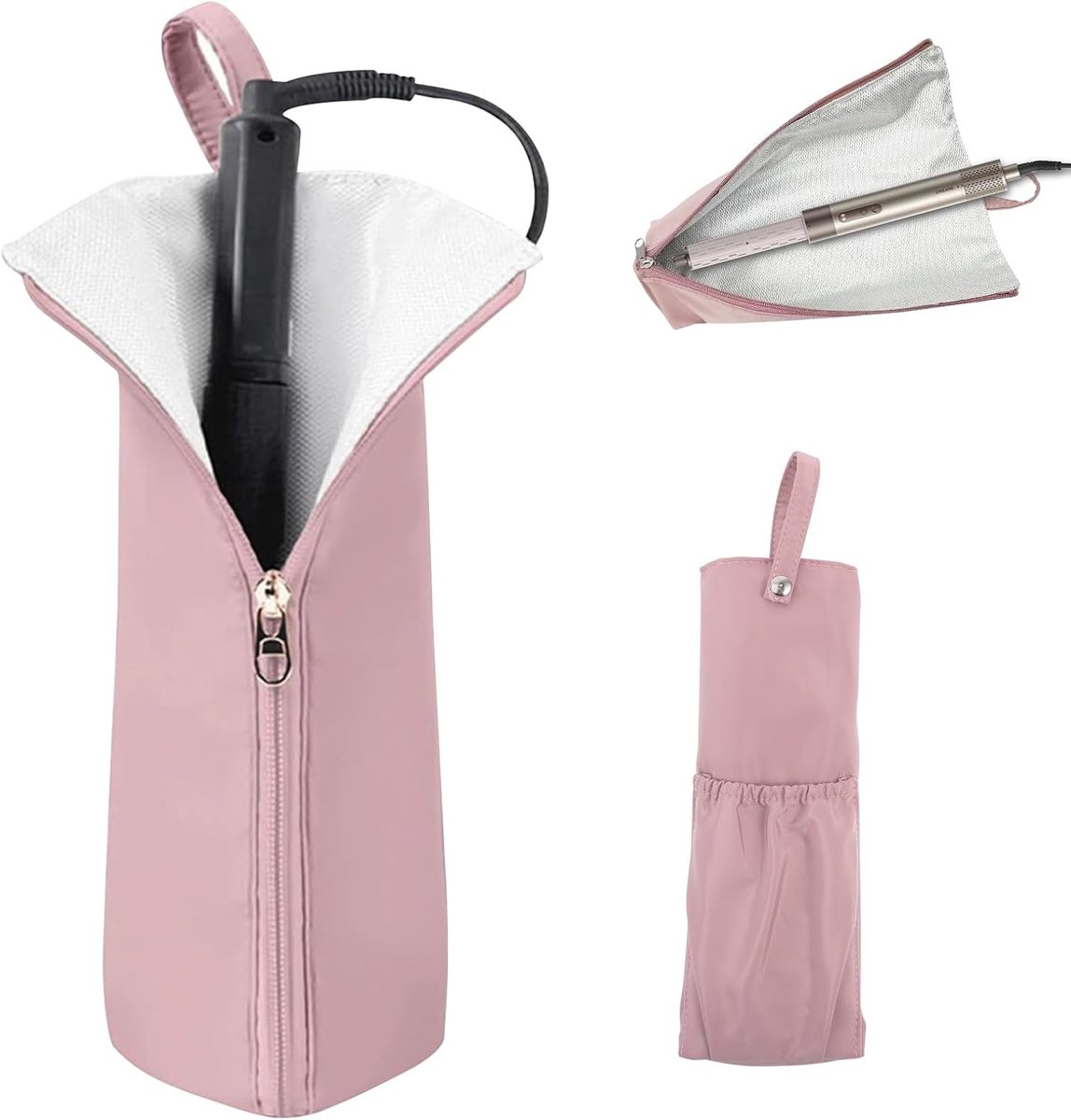 2-in-1 krulmat, handtas, hittebestendig, reistas voor stijltang, draagbaar voor haarplaat, reisorganizer, krulplaat, roze
