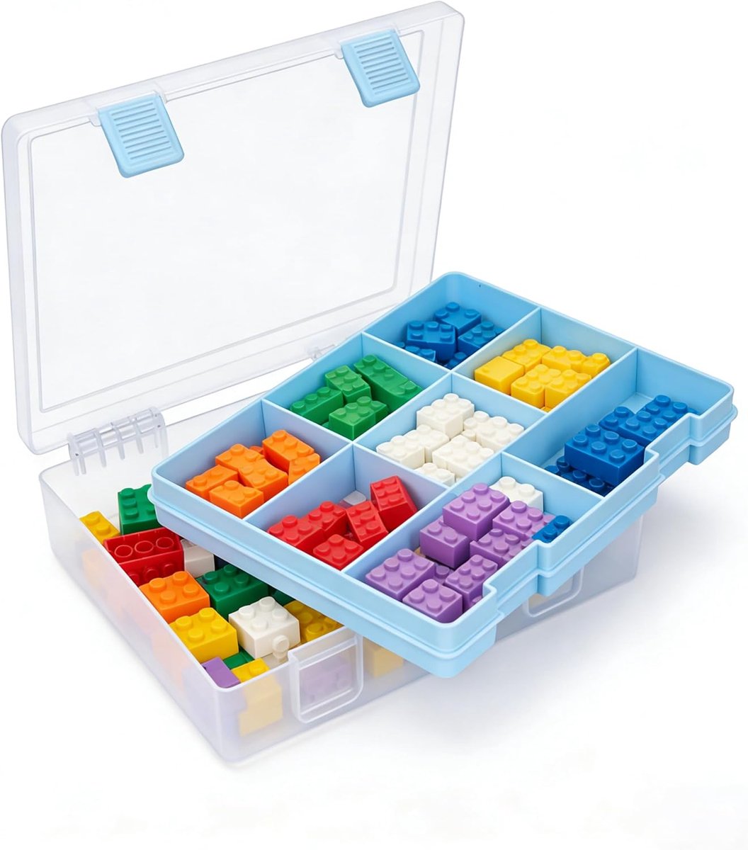 Opbergdoos met twee niveaus voor Lego, bouwstenen, sorteerbox met 8 vakken en 2 drukknopen, speelgoedkist met handgreep, stapelbaar voor bouwstenen, accessoires en speelgoed, kleine