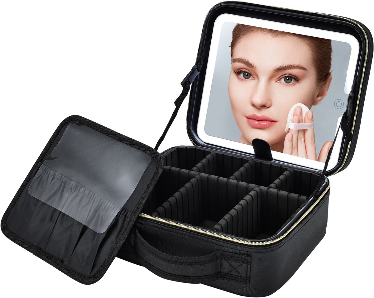Make-up Tas Deluxe - LED Spiegel 3 Lichtstanden - Reis Make-up Organizer - Compact Design