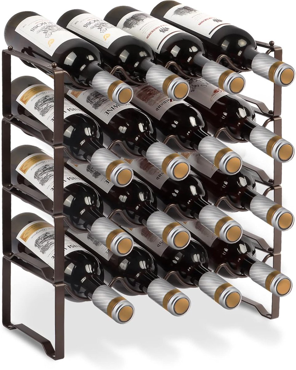 Wijnrek, metaal, stapelbaar, flessenrek voor 16 flessen, voor kelder, bar en opslagruimte, stabiele modulaire uitbreidbare flessen en wijnopslag (4 etages)