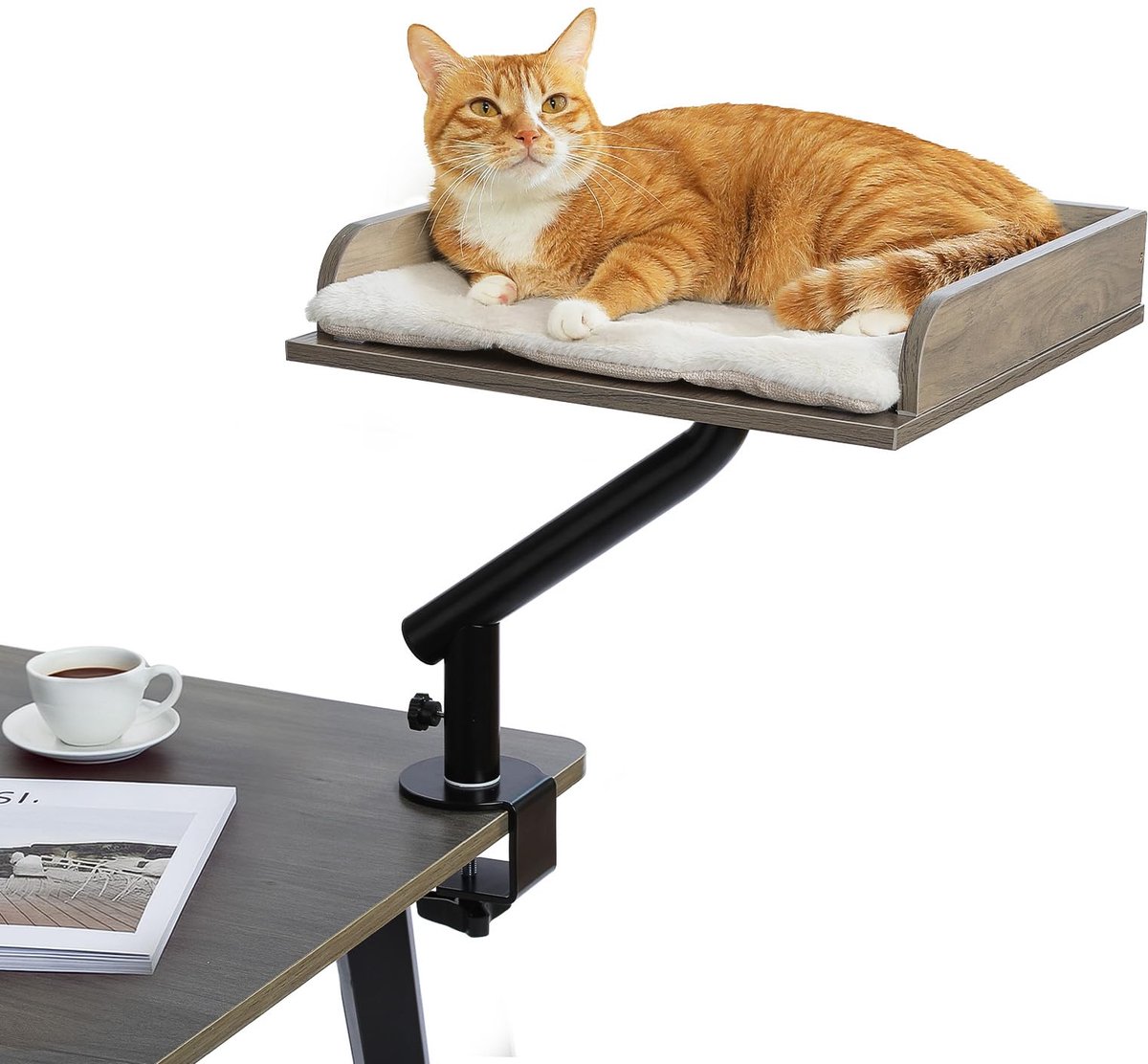 Road Kattenbed voor Bureau, Houten Kattenbed voor Binnen, Kattenmand, 360° Draaibaar & In Hoogte Verstelbaar, Kattenhangmat voor Krabben, ondersteunt tot 23 kg, Grijs