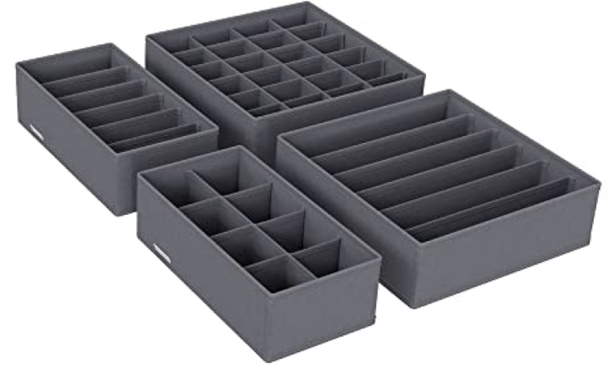 Huis Geluk Opbergdozen set van 4 - Lade-organizer opvouwbaar - Stoffen vouwdoos voor beha's, ondergoed, sokken en stropdassen - Kledingkast organizer grijs 32,5 x 11,5 x 6,8 cm