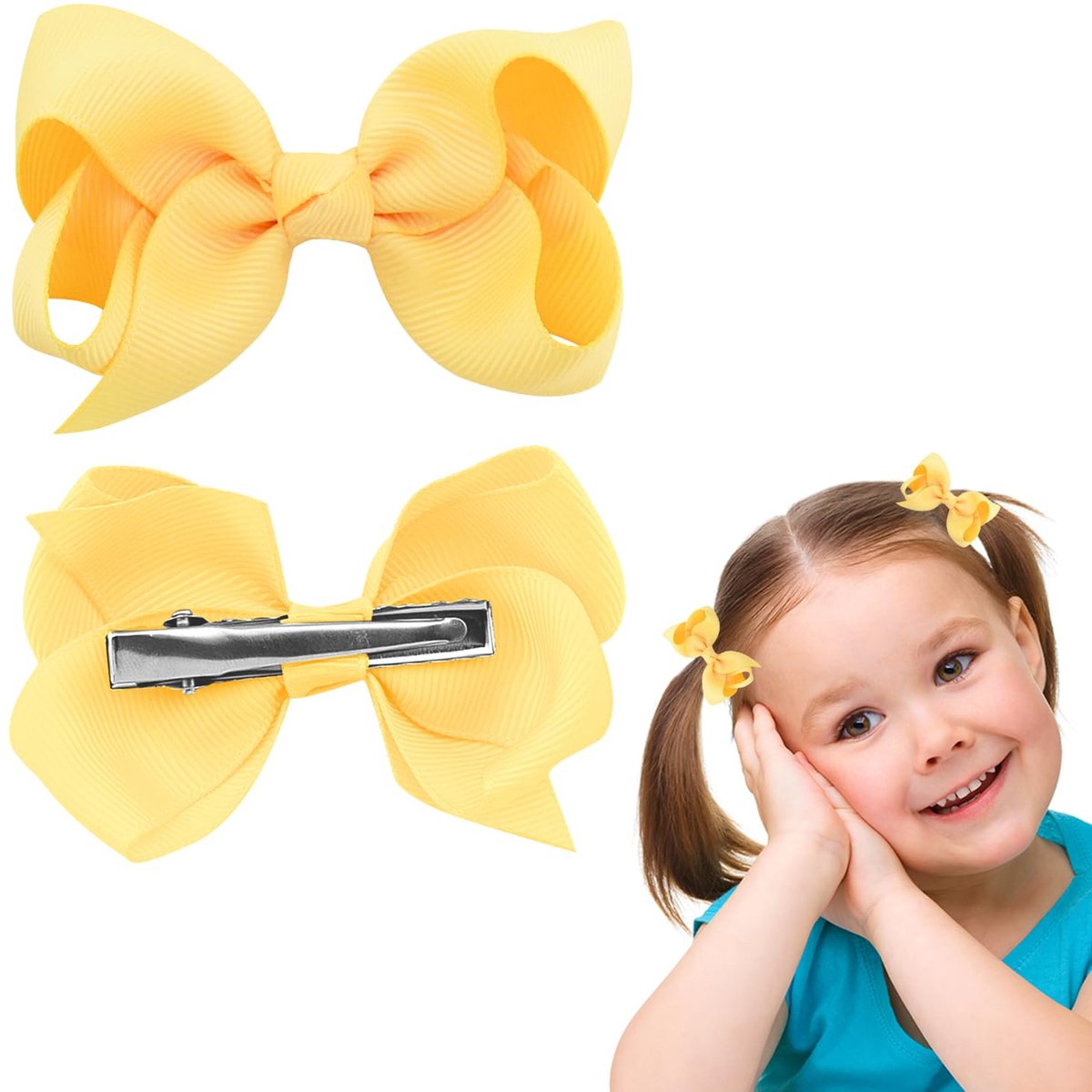Haarspeldjes, 3 inch paardenstaart houder strik haarstrik met eendenbek clip voor kinderen kinderen meisjes vrouwen (geel)