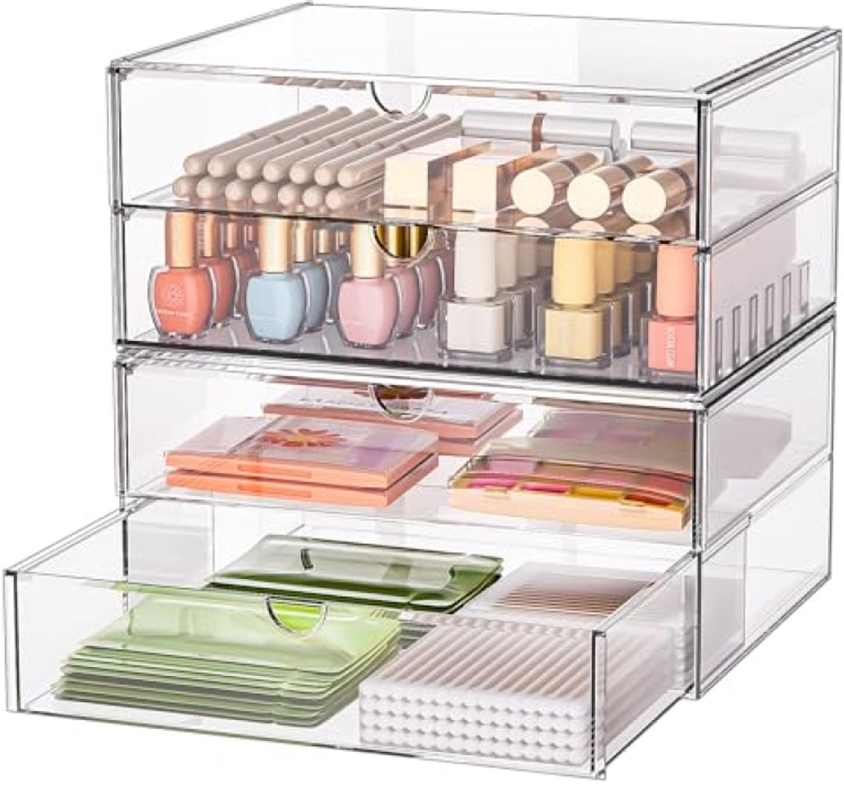 Huis Geluk Vanity Organizer met 4 brede lades - Set van 2 acryl bureau-organizers met antislip pads - Stapelbare ladekast voor kantoor, slaapkamer, badkamer - Transparant