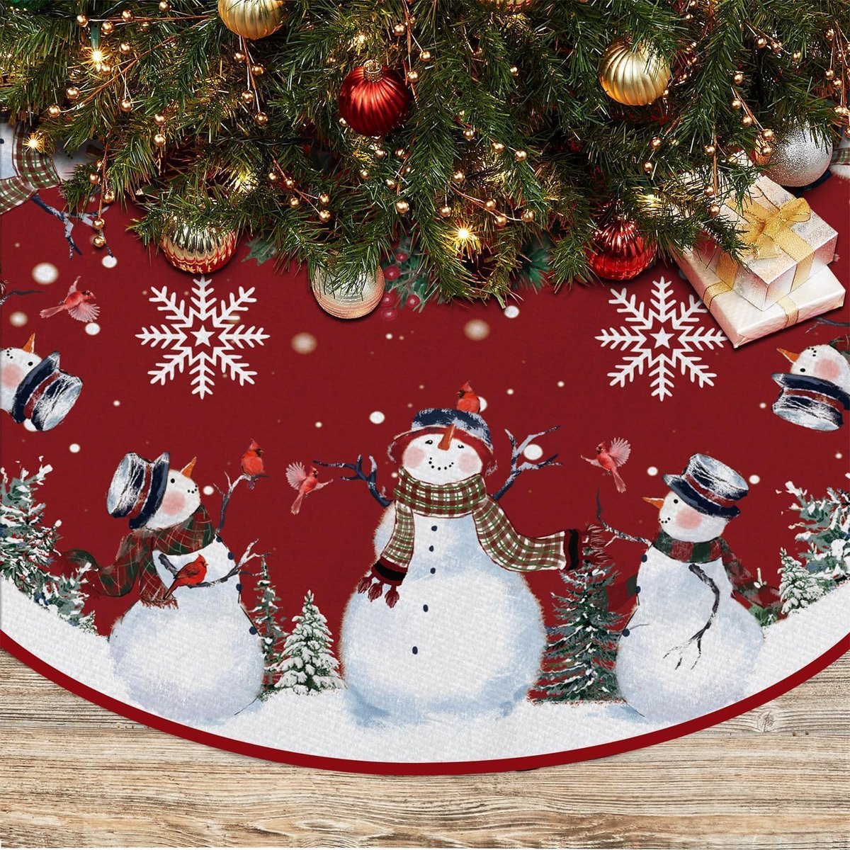 Kerstboomrok met Sneeuwpop/Sneeuwvlok/Kerstboom Motief, Boomrok Kerstboom Tapijt Rond, Rode Sneeuwpop, XL