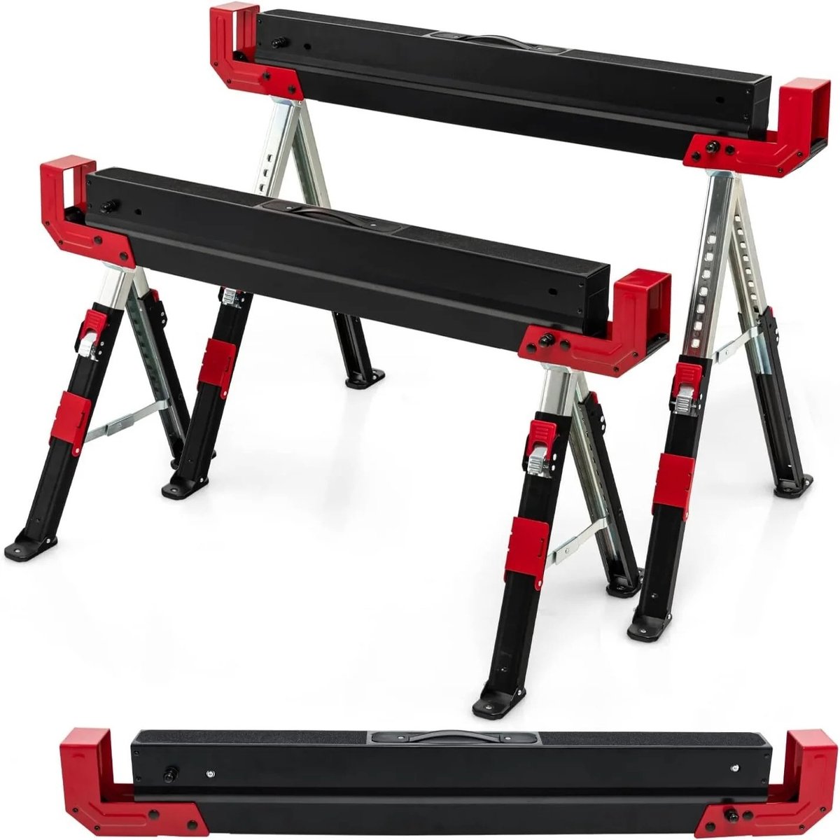 Emvae Schragen - Zaagbokken - Set van 2 - Werkstandaard - Verstelbaar - Opvouwbaar - Draagvermogen 1180 kg - Staal - Rood Zwart