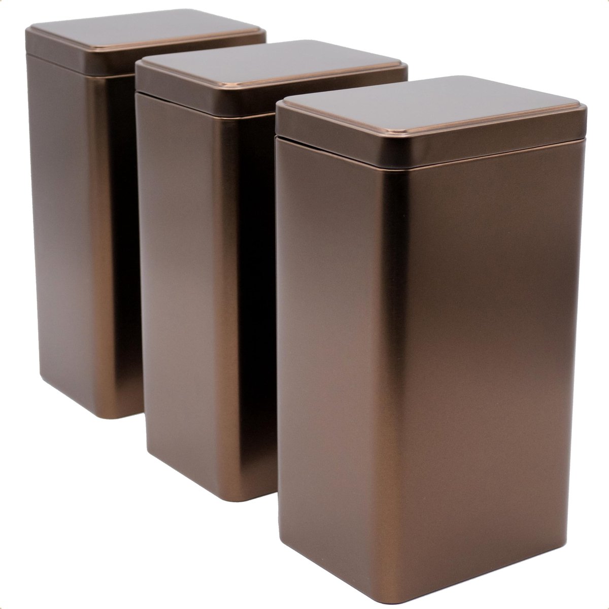 3 x vierkante koffiebus/theebus, stapelbaar, metallic koffiebruin, aromadicht van metaal voor elk 500 g koffie | 18 x 10 x 7,8 cm (H x B x D) | ook ideaal voor supplementen