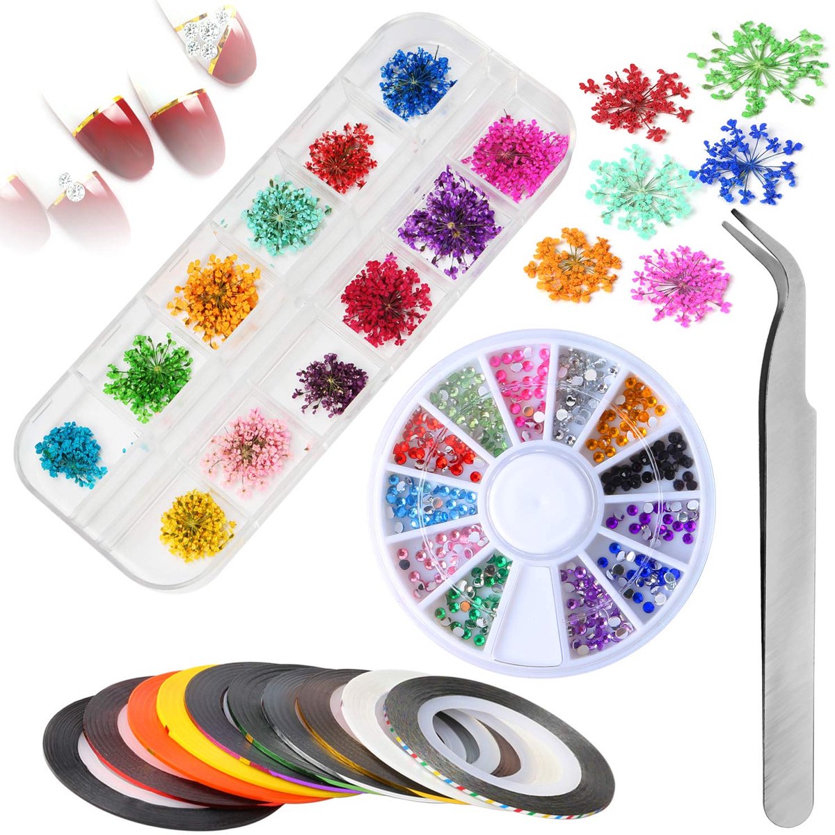 Art Natural Dried Flowers, MWOOT Set with 12 Color Dry Flower, 10 Adhesive Striping Tapes, and 1 Rhinestones Picker Tweezer for Nail Art Crafts