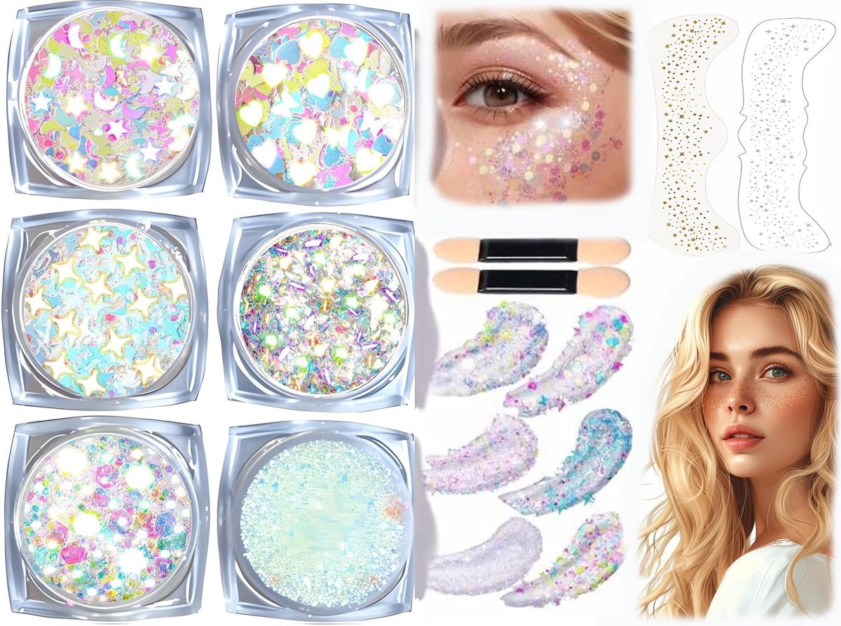 glitter gezicht voor feestelijke verkleedpartijen + 2 stuks patches - gouden gezicht glitter make-up spatels, body voor nail art en lichaam, haar, vrouwelijke make-up pailletten en