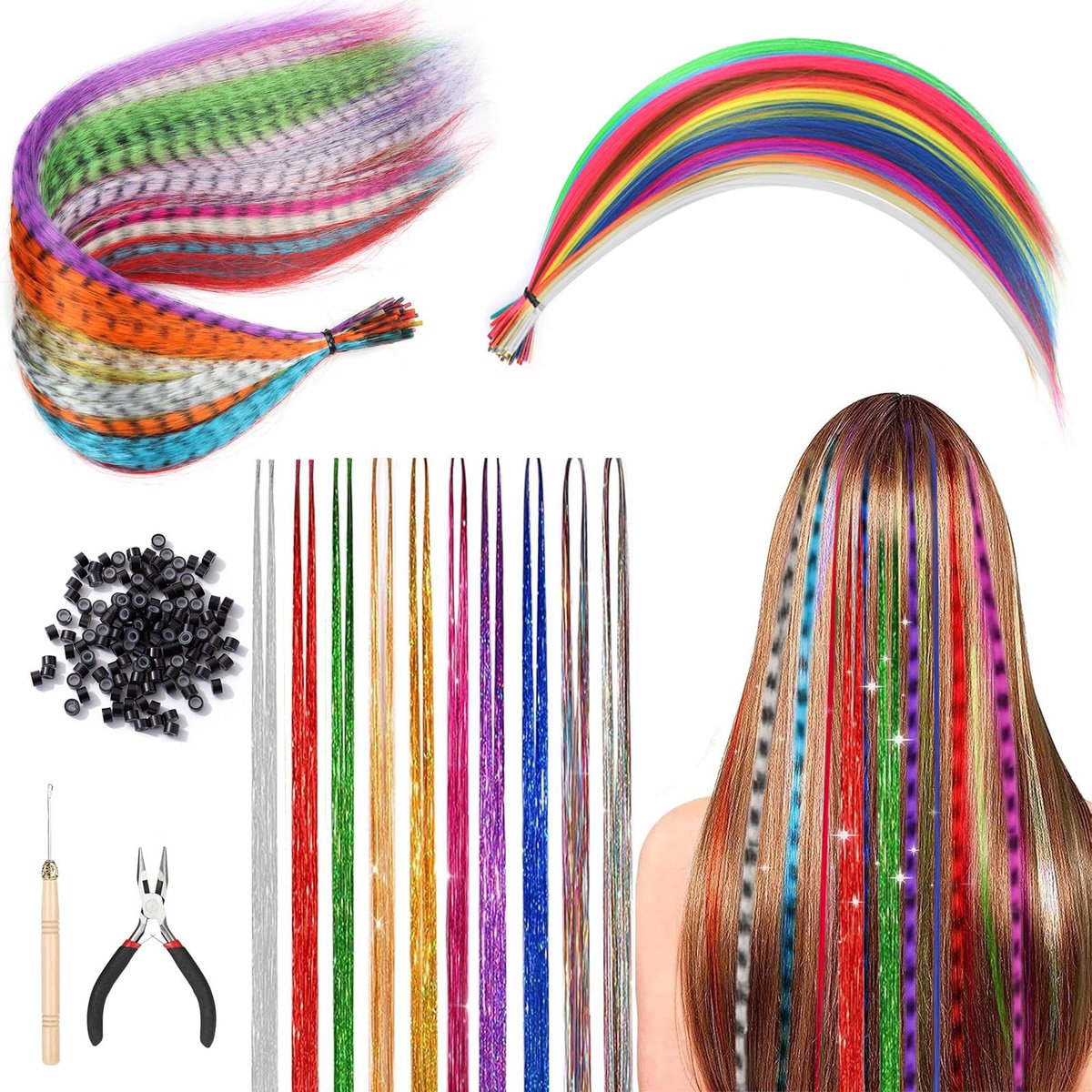 Haarverlengingset, kunsthaarextensies, haarstrengen voor kinderen, haaraccessoires, kleurrijke haarstrengen voor kinderen, haaraccessoires, haarstukje, tang, haakjes met 100 kralen