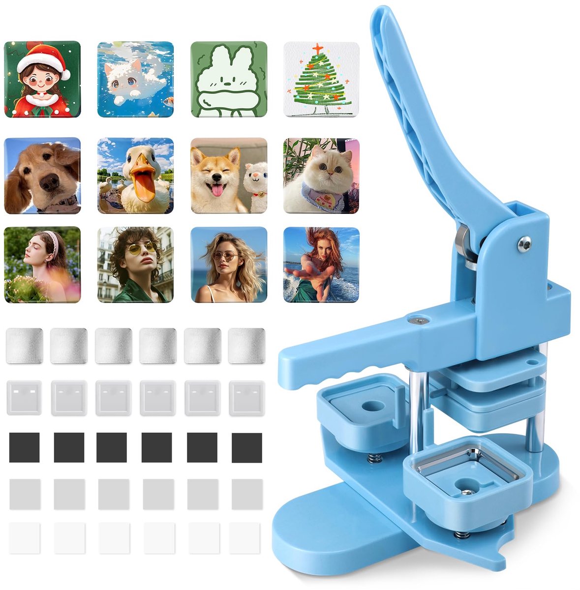 Vierkante koelkast-magneetknopset – doe-het-zelf steekmachine 50 x 50 mm met 100 accessoires – professionele badgepers voor fotobuttons en magneten