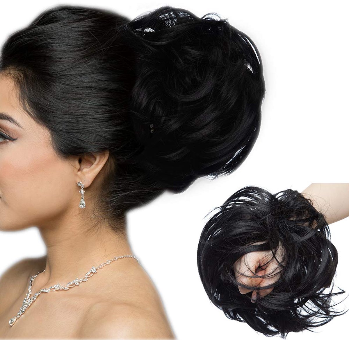 Groot haarstukje, haarelastiekjes, extensies, messy bun knot, opgestoken kapsels, volumineuze haarverlenging met elastiek, 80 g, zwart