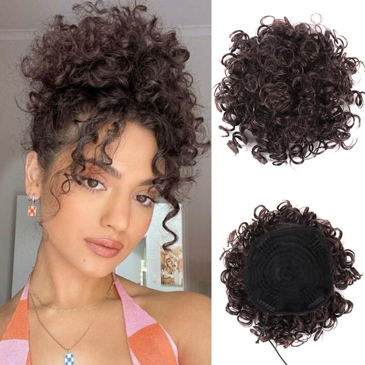 Bun Korte krullende paardenstaartverlenging, synthetisch haar, scrunchies, grote knot, haarstukje met haarklem, clip, trekkoord, los haar, haarverlenging (bruin)