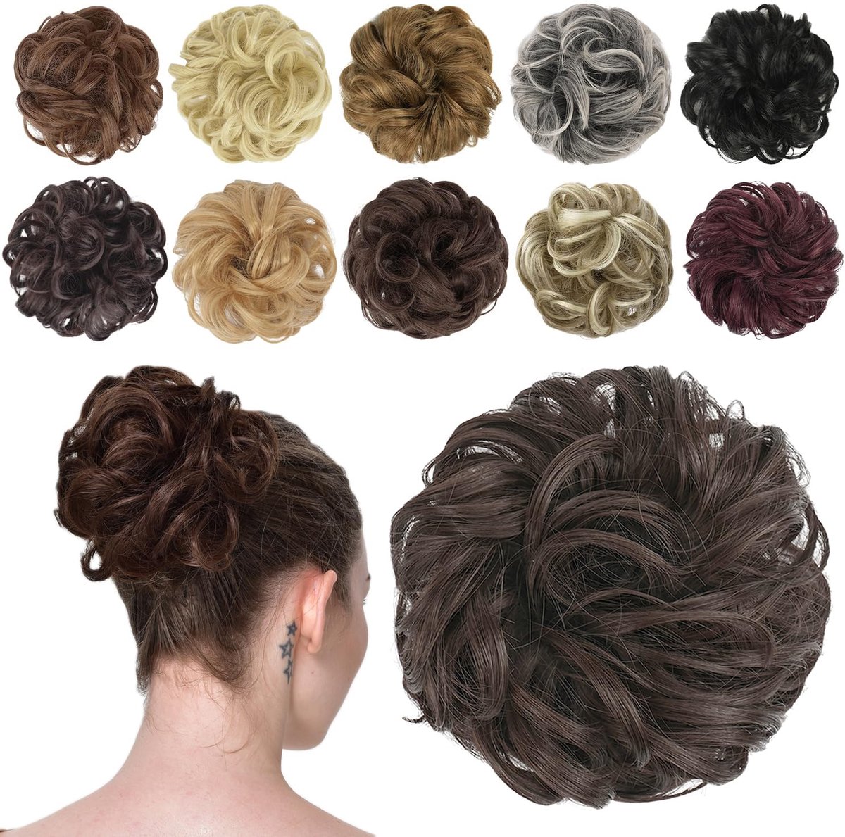 Haarknot Haarstukje Haar Bun Synthetische Golvend Krullend Elastiek Haarknot Paardenstaart Haarextensies Dikke Updo Haarstukken voor Vrouwen Meisjes 1PCS 42 g Donker Bruin