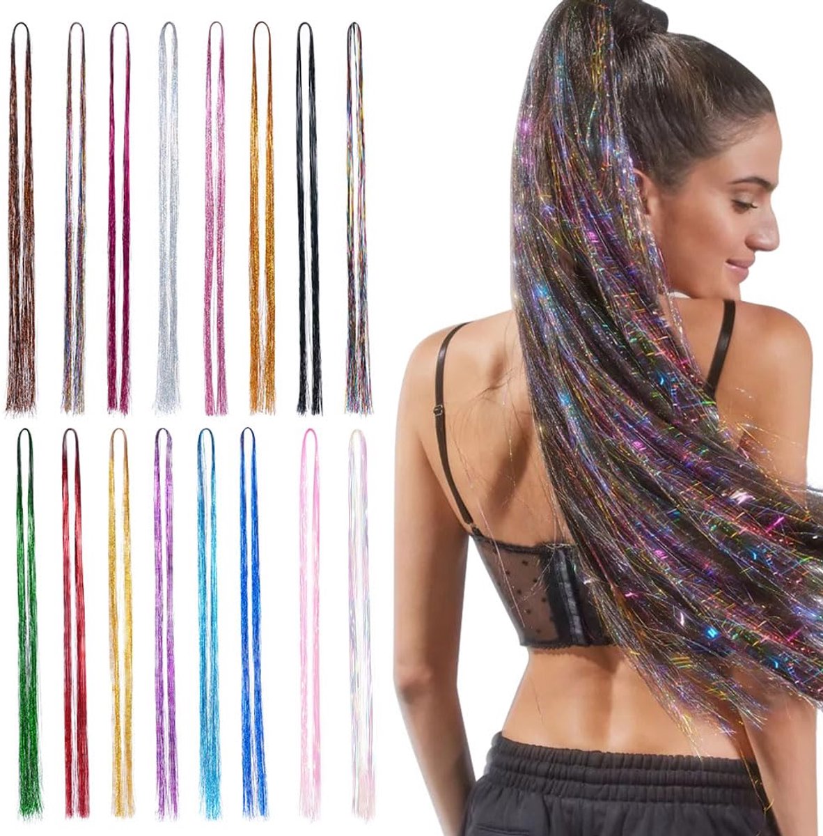 16 Stuks Haar Klatergoud Extensions, Haarextensies Kit Kleur Pruiken Klatergoud Haar Kleurrijke Glanzende Pruiken Dames Meisjes Haaraccessoires