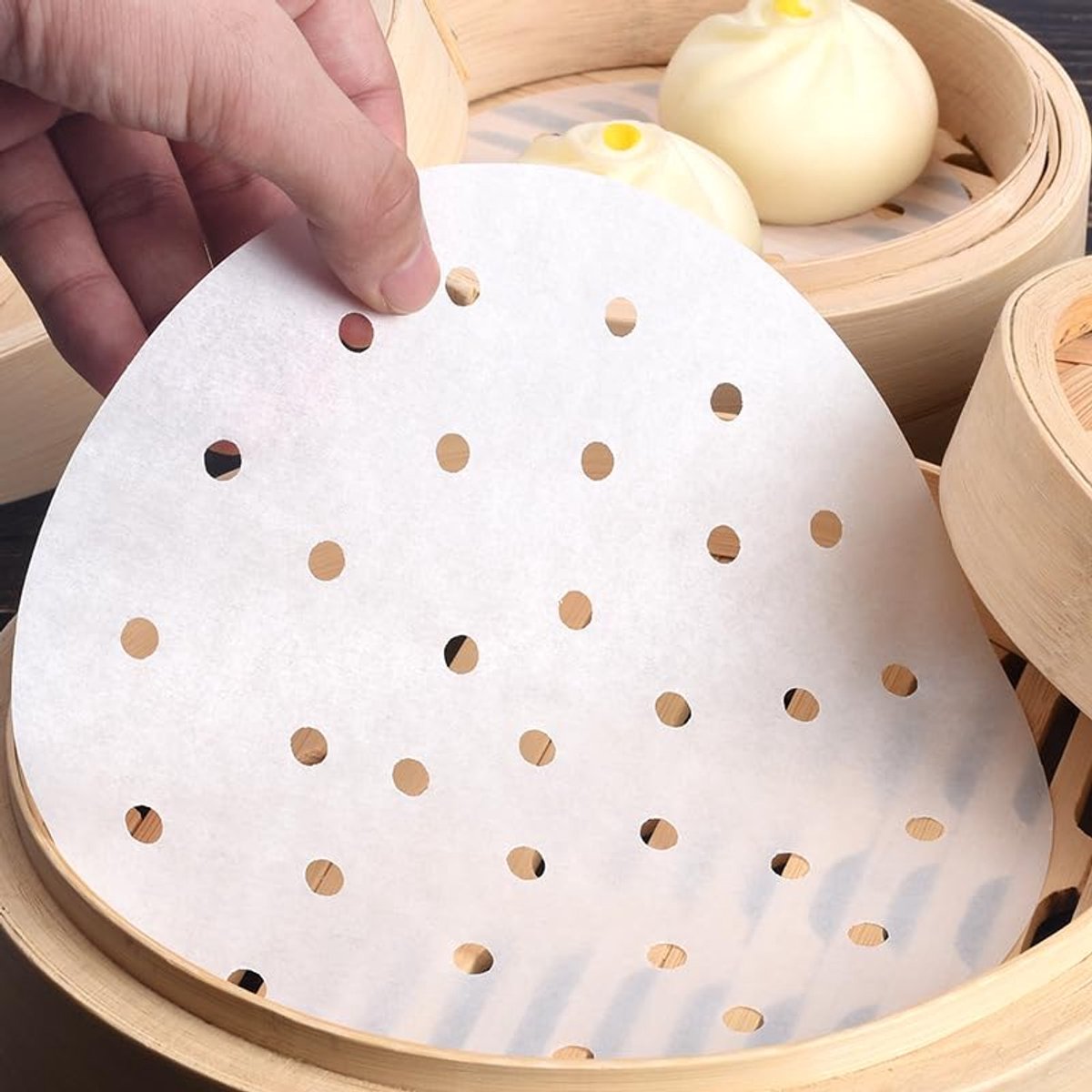 Dim Sum Papier (250 stuks) - Niet-klevende coating, rond, hittebestendig, bamboe-stomer, papieren voeringen voor heteluchtfriteuse