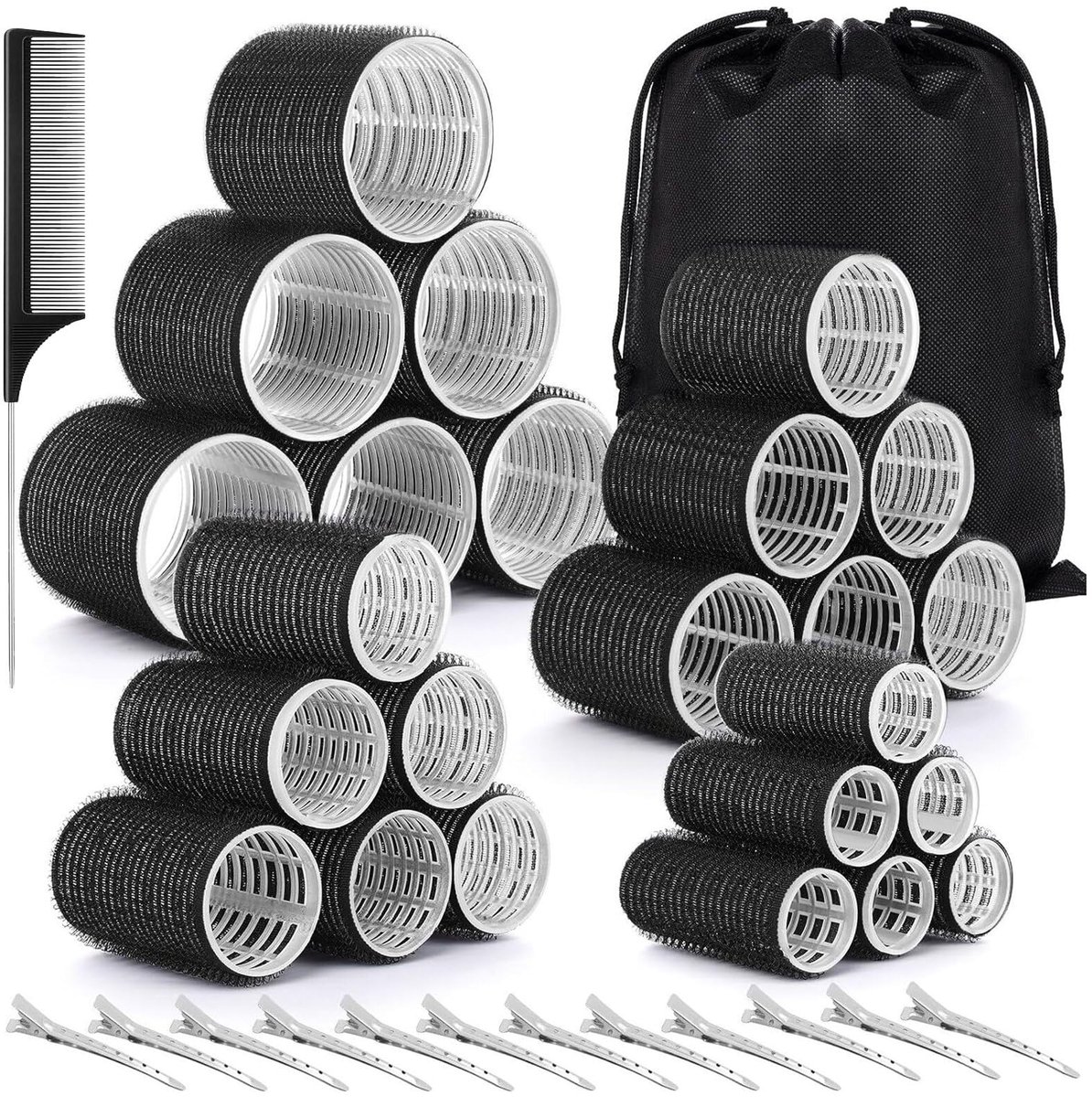 Set van 38 zelfklevende haarkrulspelden, 4 maten (60 mm/48 mm/36 mm/25 mm) met 12 clips, 1 kammen, 1 opbergtas, DIY Curling Tool voor lang, medium en kort haar