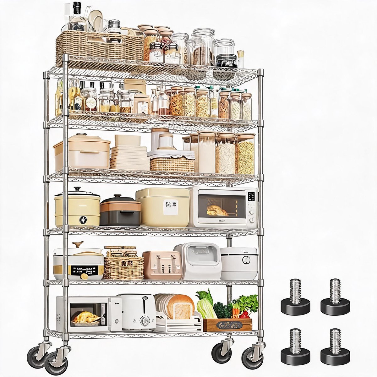 6-Laags Verchroomd Opbergrek - Mobiel Staalrek - Draagvermogen voor Commerciële Keukens - 120*45*180cm - 1200KG