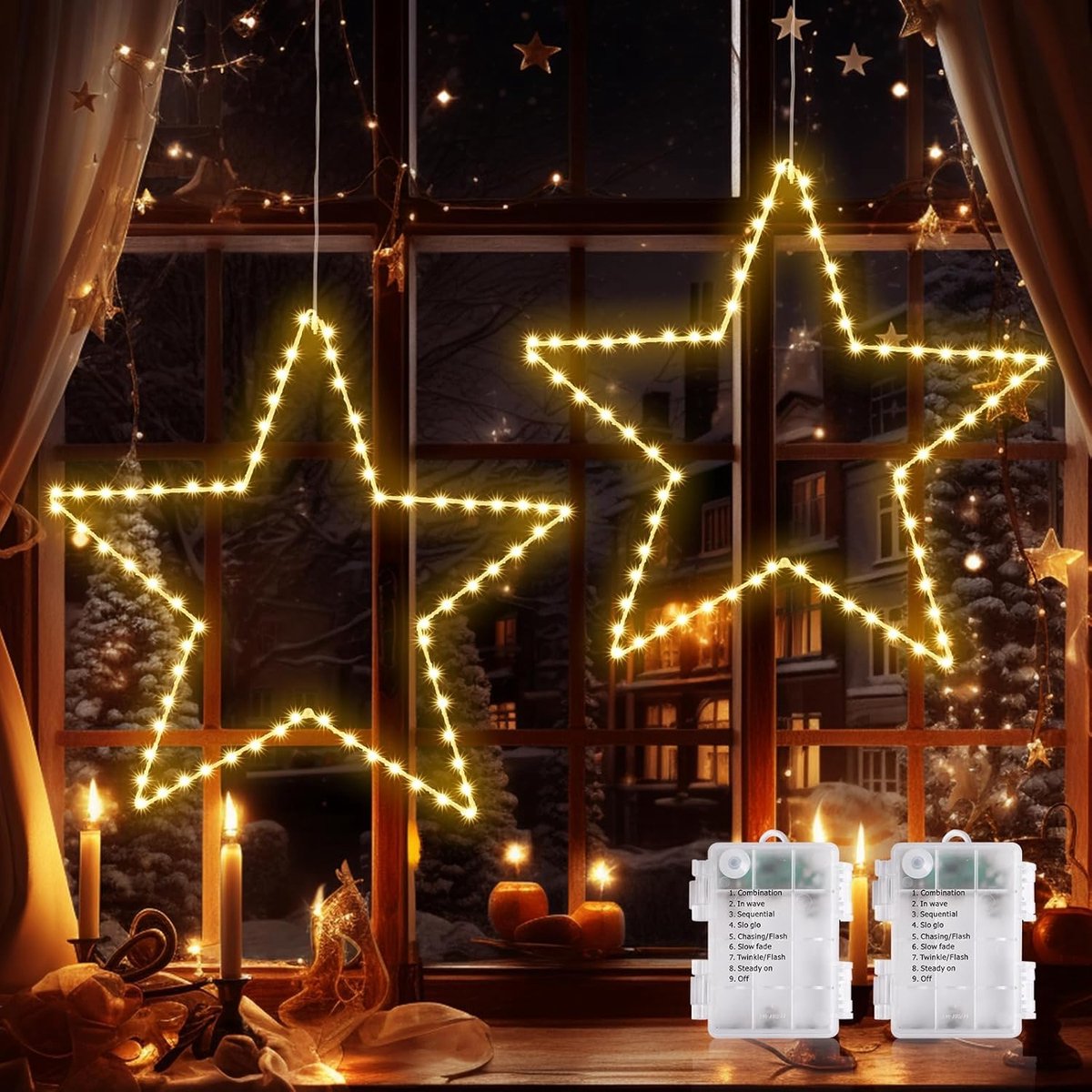 2-delige LEIDENE Kerstster Verlichting, Opvouwbare XXL 50cm Kerstvenster Ster met 70 Warm Witte LED's Batterij die voor Kerstmis Openlucht Slaapkamer Venster Decoratie wordt gebruikt