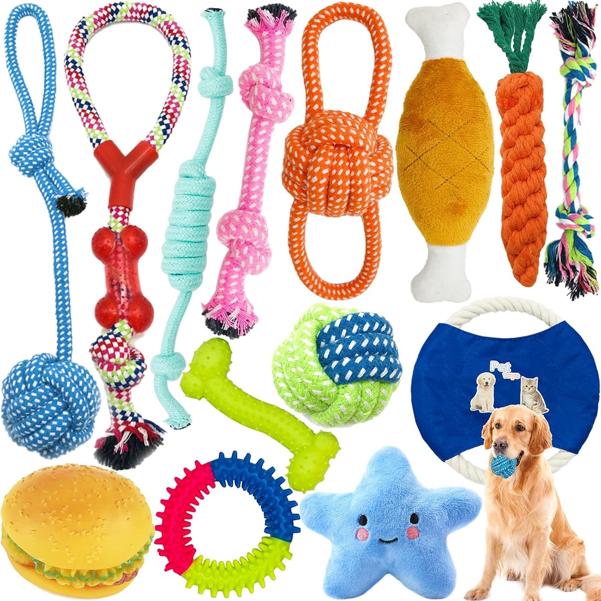 Set van 14 stuks hondentouw speelgoed, vermijden van puppyverveling, angst kinderziektes set voor kleine, middelgrote en grote honden, katoenen touw, piepend interactief kauwspeelgoed,