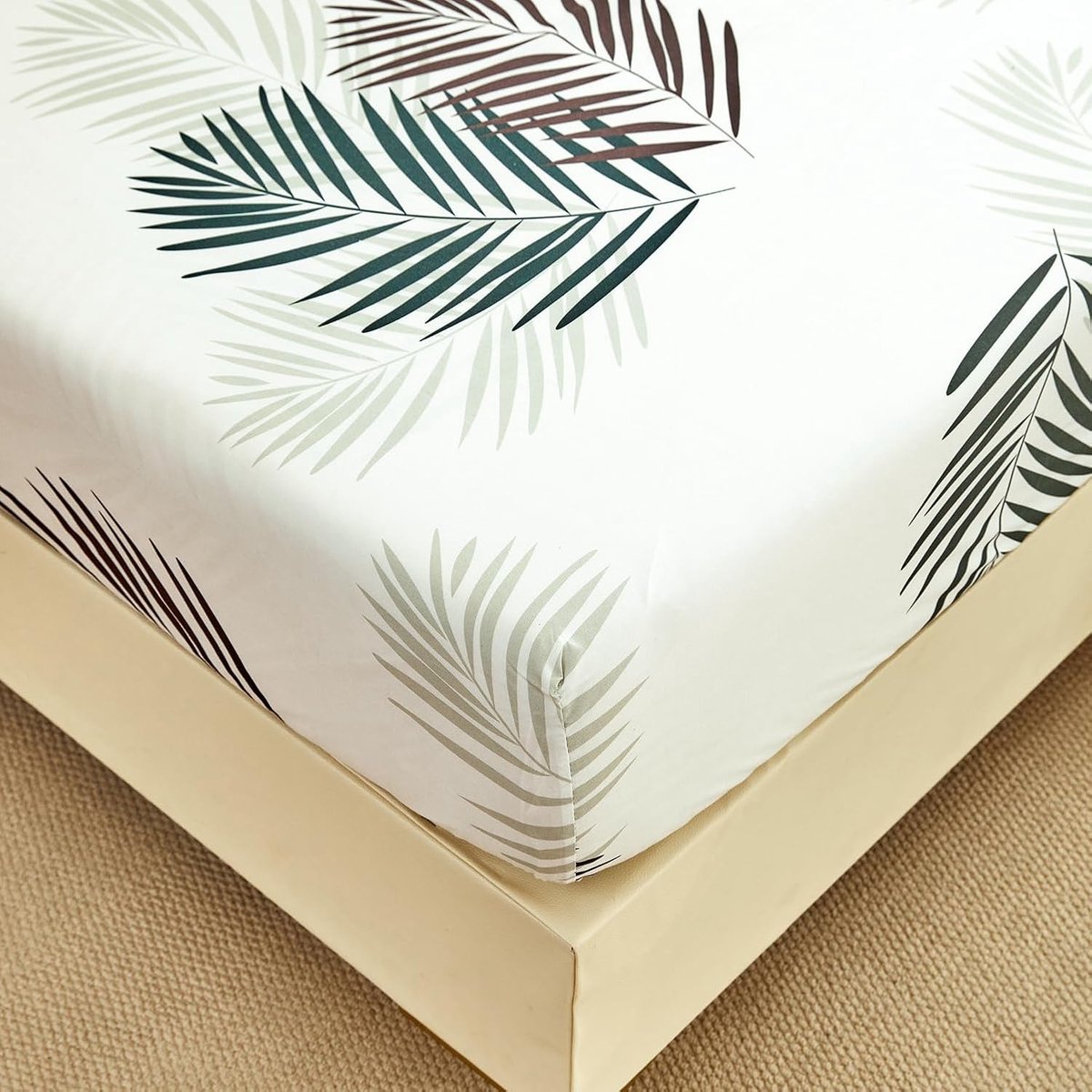 Hoeslaken 150 x 200 Tropisch Bladerpatroon Wit, Zacht Polyester Microvezel Groen Hoeslaken tot 30 cm Matrashoogte